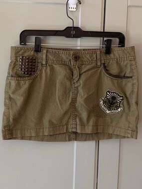 Vintage Y2K Olive Green Guess Jeans Studded Cargo Mini Skirt Size 28 Khaki Punk